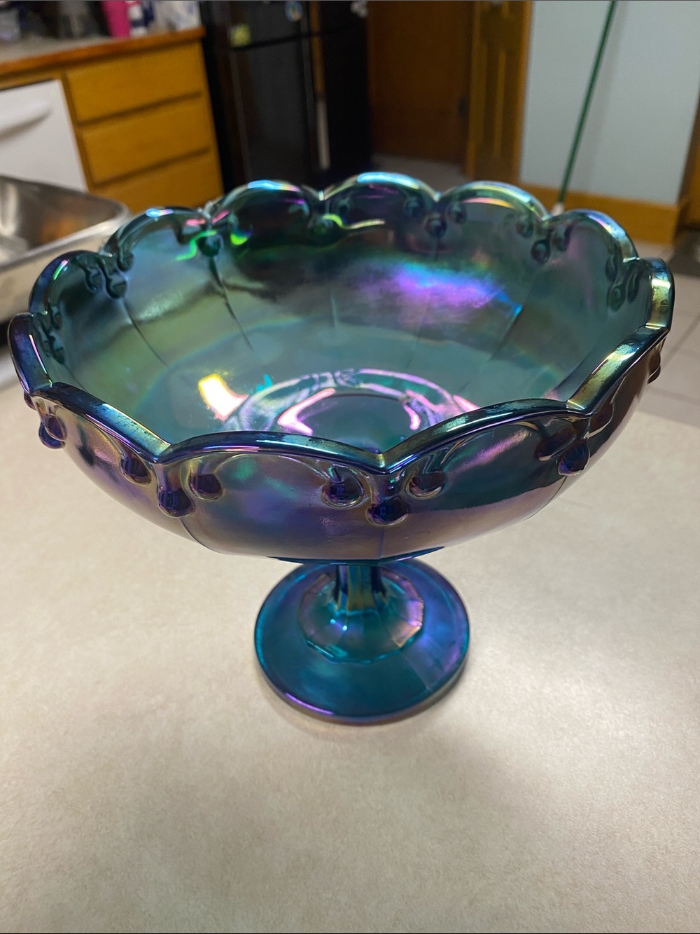 Iridescent Blue Glass Compote Pedestal - Decorative Bowl